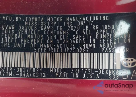 2018 Toyota Corolla Le из США, поврежденный, VIN 5YFBURHE4JP750297